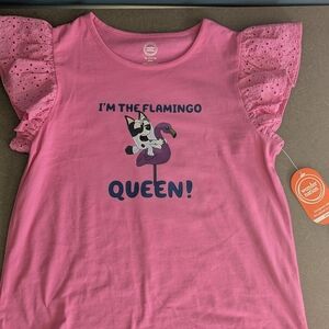 Girls hot pink Bluey Muffin flamingo Queen Eyelet butterfly sleeve t shirt